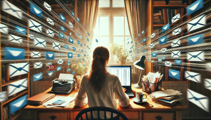 woman sat at desk typing on a computer with dozens of messages flying past on both sizes