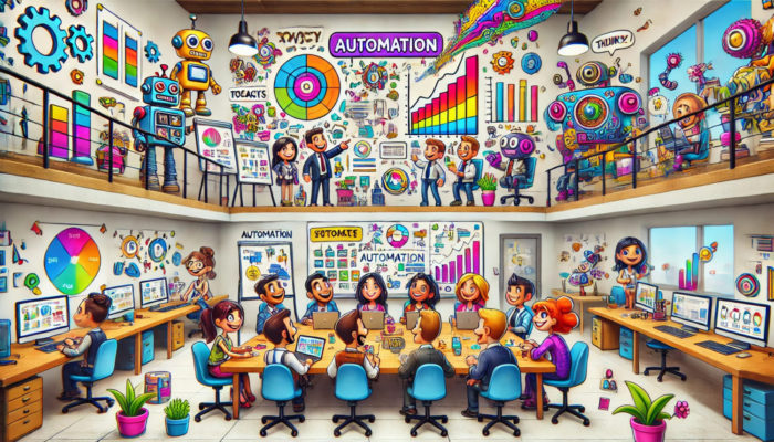 office full of people. cartoon style. Lots of computers and robots